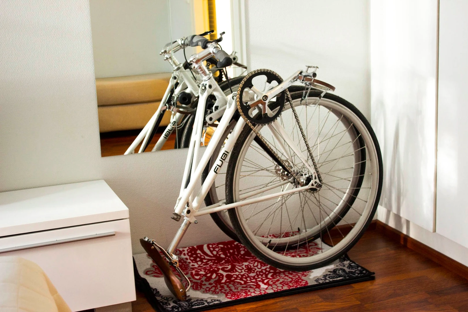 A bracket on the back of the FUBifixie's saddle allows it to be tipped back and parked seat-down