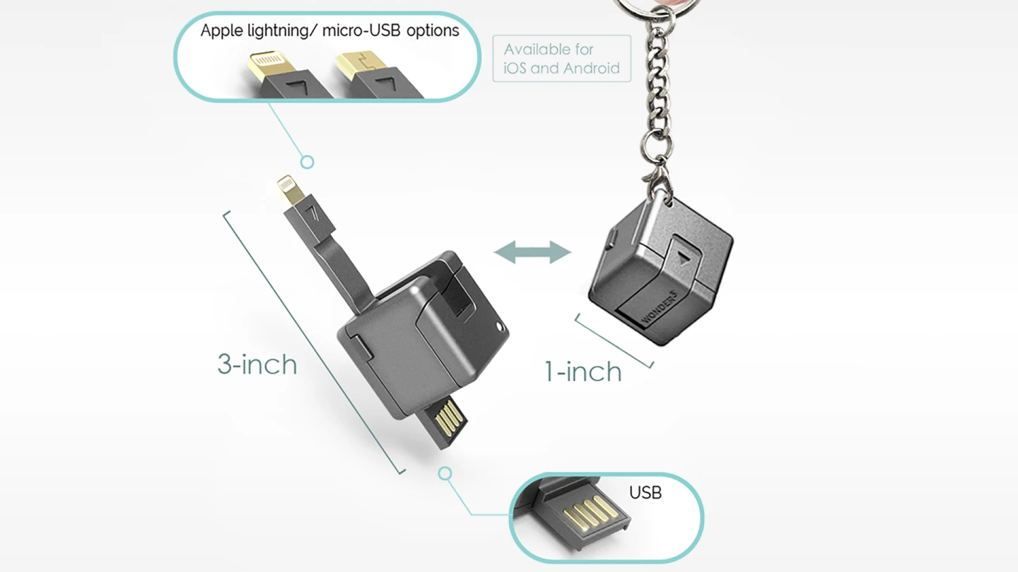 The flexible 3-inch (7.6 cm) foldout cable is available in both micro-USB and Lightning varieties, making it compatible with both the Android and recent iOS smartphones