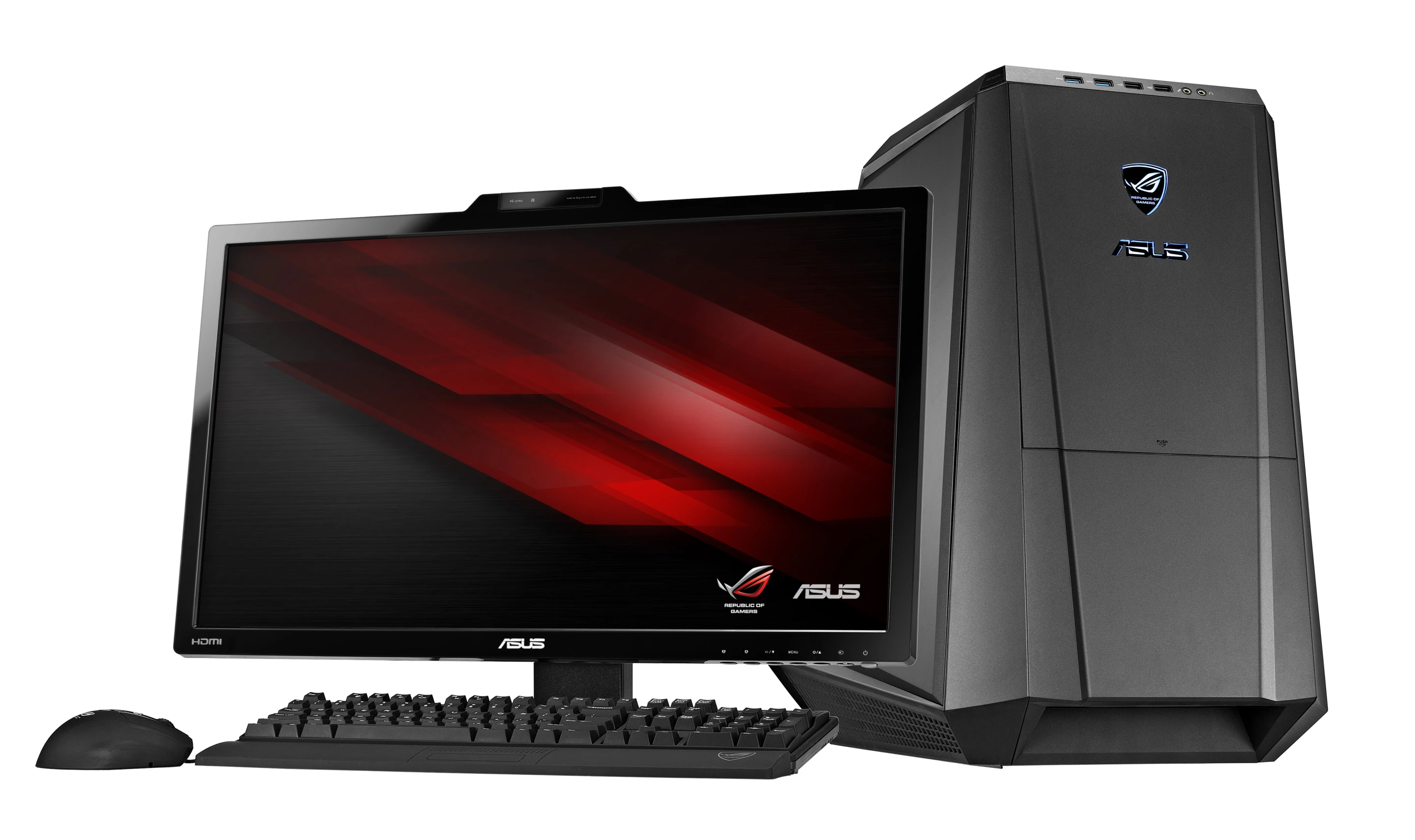 The Republic of Gamers Tytan CG8890 Gaming Desktop PC from ASUS features three on-the-fly switchable overclocking modes for its liquid-cooled 6-Core Intel Core i7 processor, a transforming case, and dual SSDs