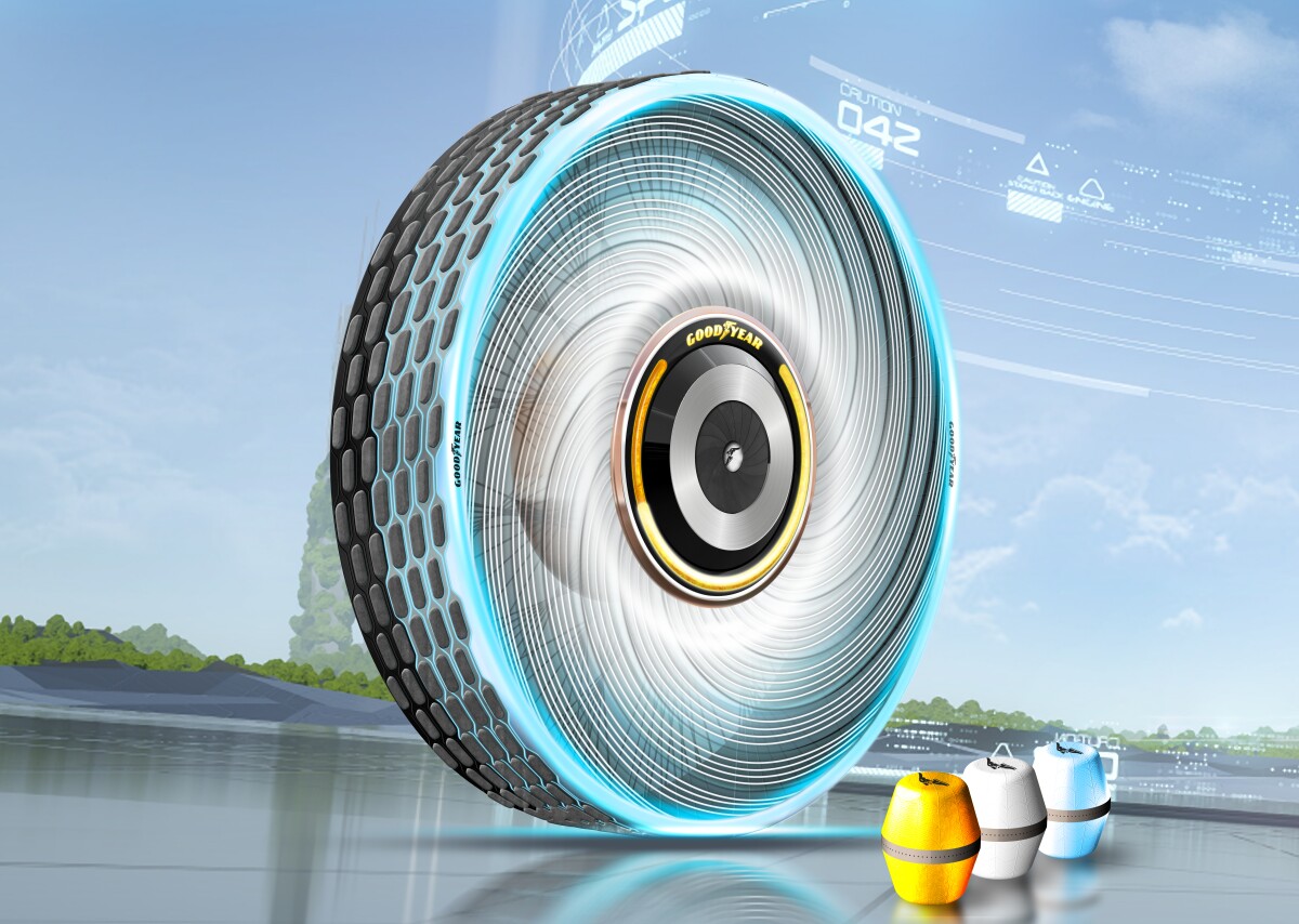 Goodyear's latest concept tire allows you to pop a cartridge of new tread compound into the center of the hub, where it extrudes out at the wheel surface