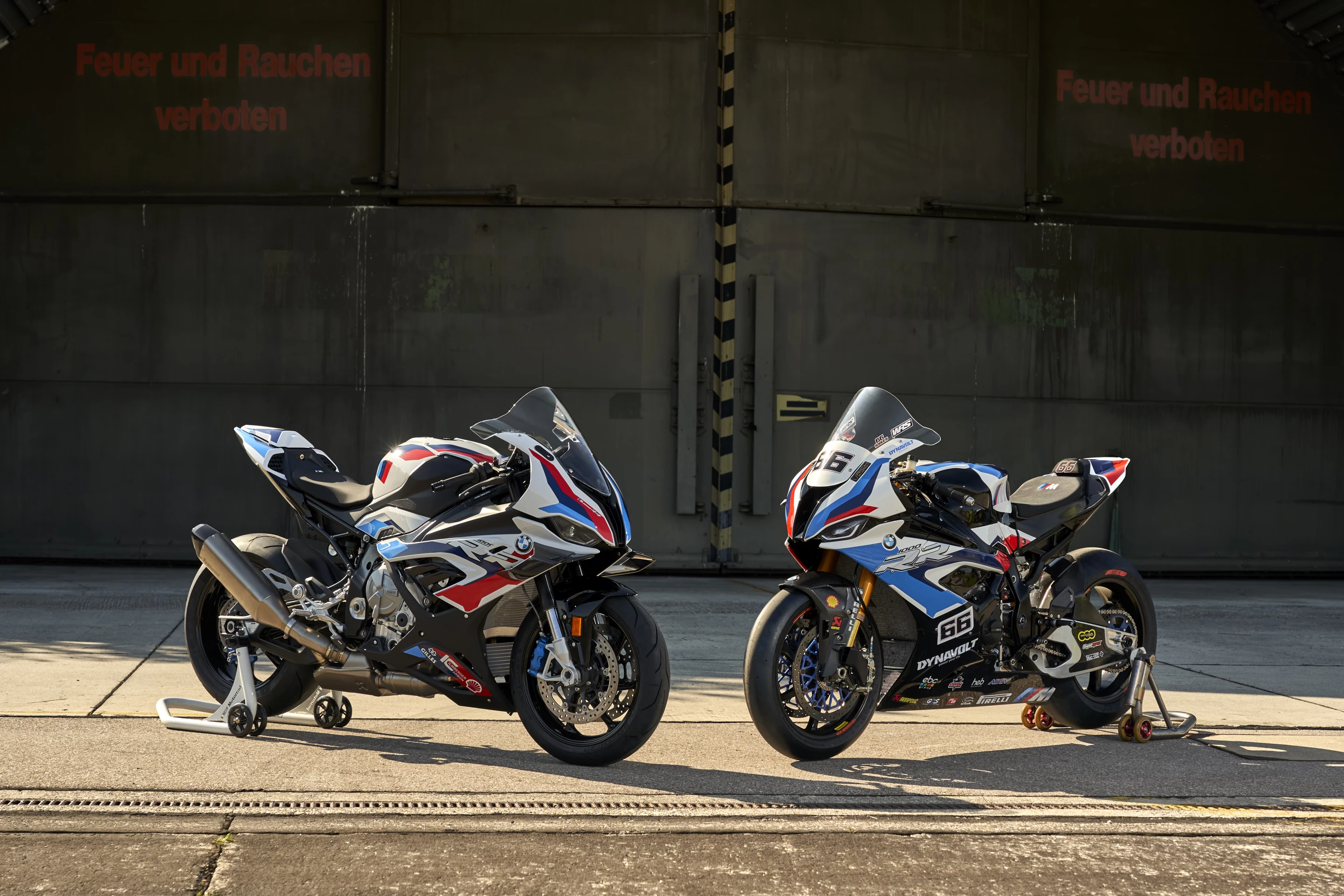 The M1000RR, left, with the current BMW S1000RR world superbike racer