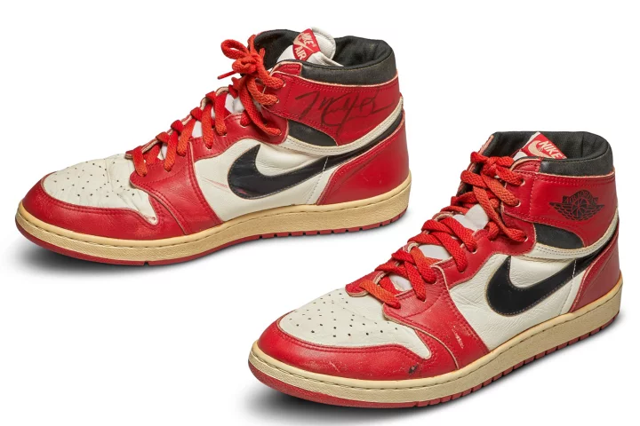The1985 Air Jordan 1 Vintage Originals were produced for Jordan in the white, black and red of his Chicago Bulls, and were the colourway he wore most often on court. In 1984, Nike gave Jordan a signature line of shoes and clothes – a crucial, unprecedented move to entice Michael Jordan to sign with Nike. Produced between February to April 1985, Jordan wore this pair of Air Jordan 1s during an early, pivotal point of his career, catalysing an unprecedented sales spike and paving the way for Scottie Pippen, Penny Hardaway, Charles Barkley, Kobe Bryant, Kevin Durant and LeBron James to have their own signature shoes … and ultimately for the birth of sneaker culture.
