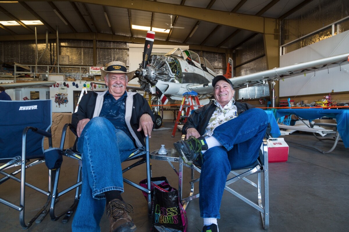 Les Salz (right) with his friend Gary, partners in Balls Out Aviation. They have a hangar here at Stead which they use all year round, it becomes the base for a party come Air Race time now that neither man competes.