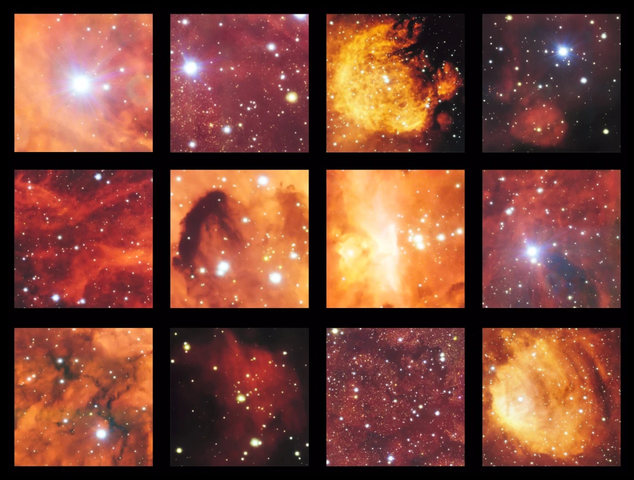 An ESO montage highlighting some of the most impressive regions captured in the new OmegaCam image