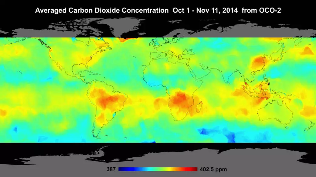 Global map of atmospheric CO2 for a six-week period in 2014, with hotspots seen over Brazil and southern Africa