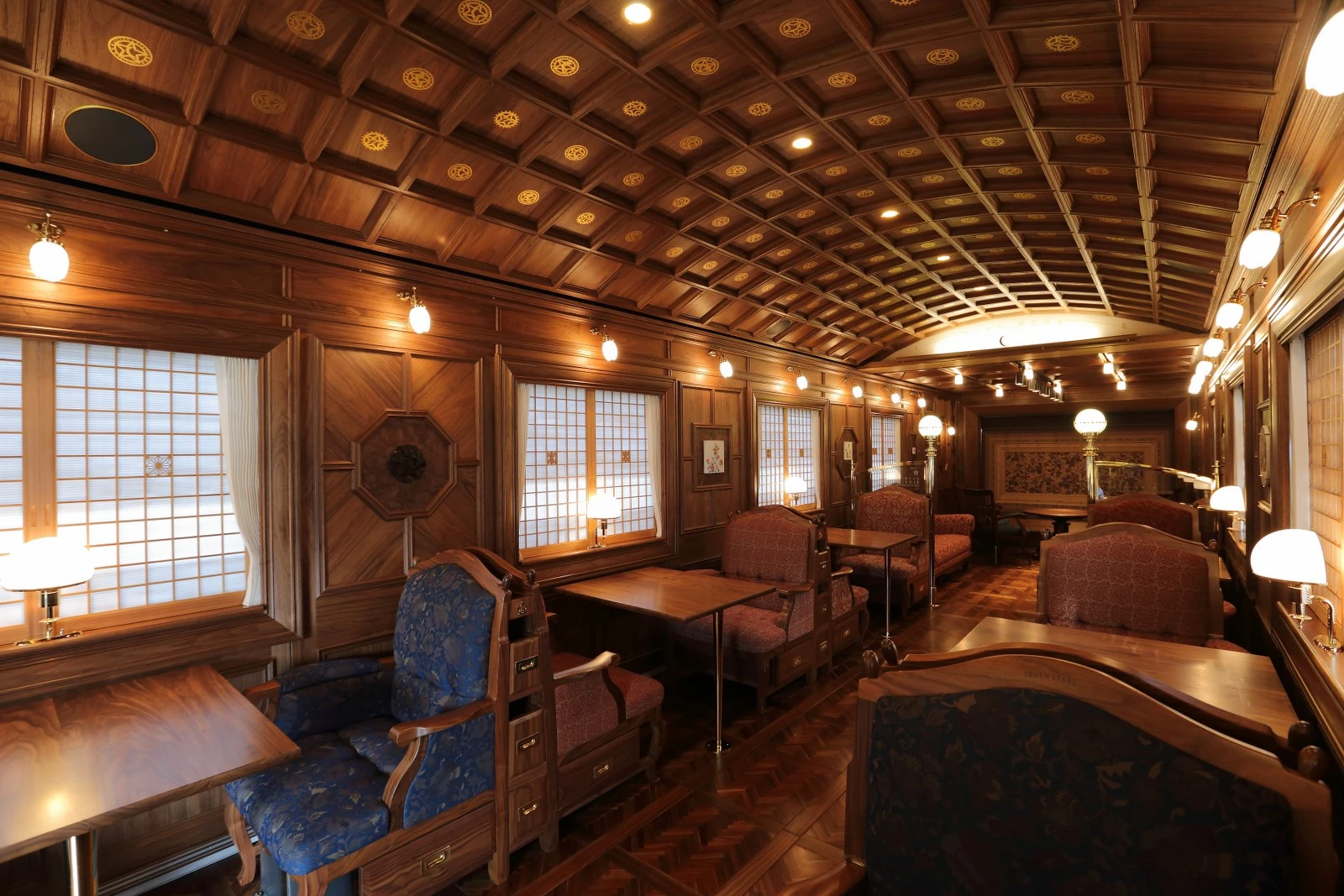 The Seven Stars dining cart features a stunning wooden crafted ceiling
