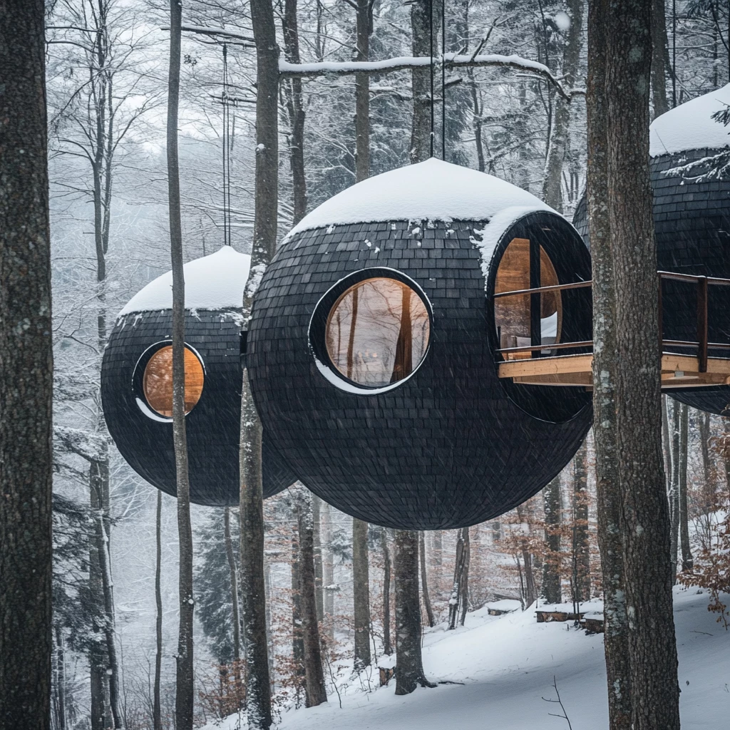 The Burl Treehouse is supported by a combination of slender vertical stilts and suspension cables, which are anchored to nearby trees