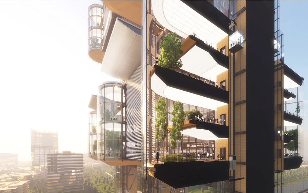 The modular Uber Sky Tower, by Pickard Chilton and ARU, is extendable and can be put together vertically and horizontally