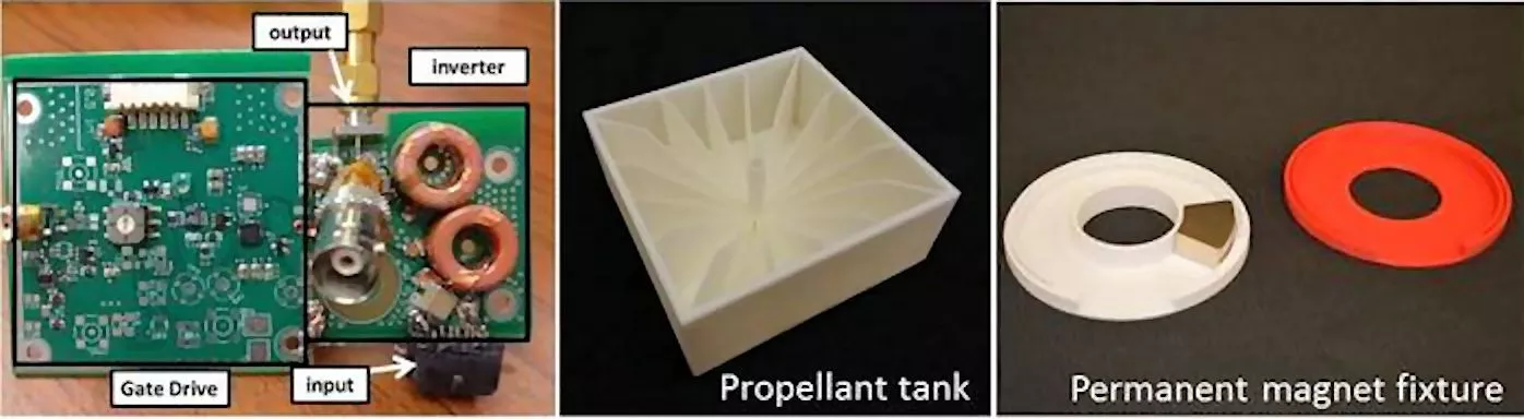From left to right; the drive electronics for the CAT thruster, the CAT propellant tank, and the fixture holding the permanent magnetic nozzle magnets