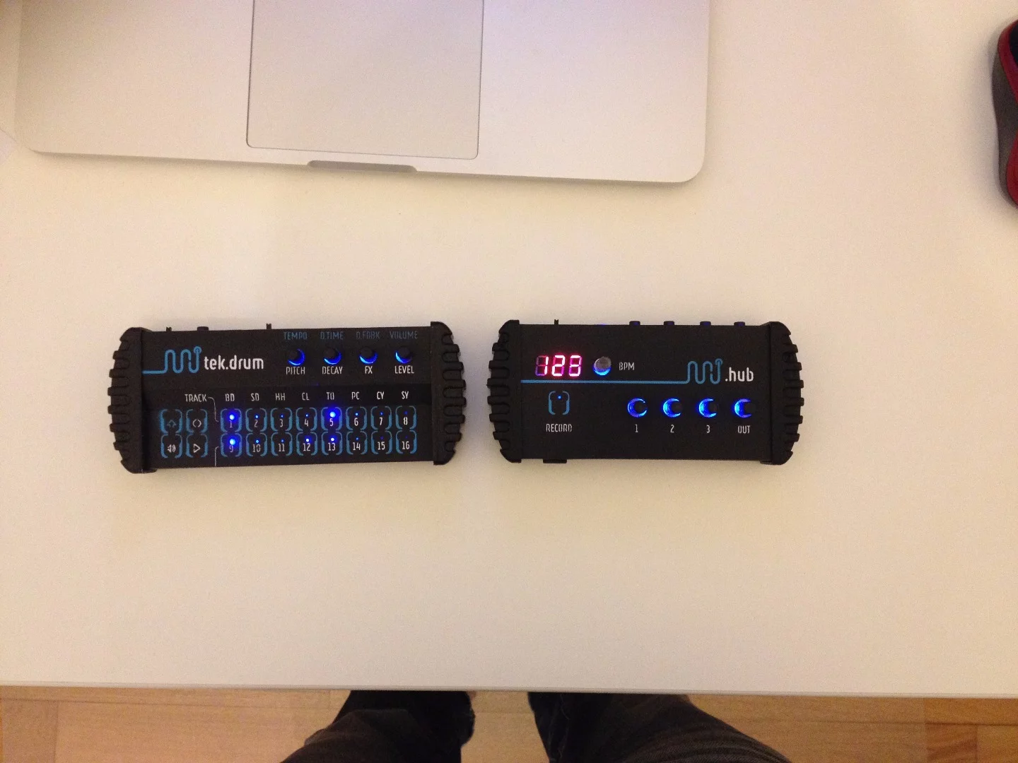 Pre-production prototypes of the tek.drum and .hub modules of Mindflood's minijam studio line