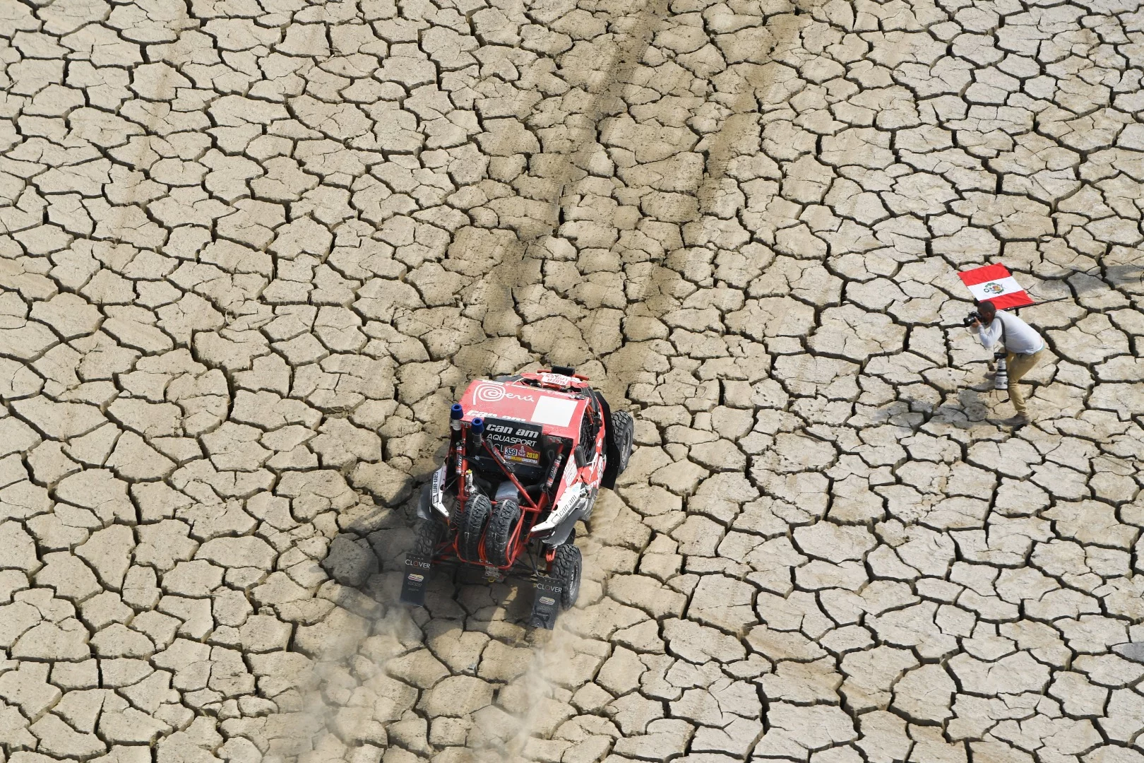 Stage 3 out of Pisco took drivers across beautifully cracked mud flats – here's the Uribe brothers in their Can-Am side-by-side