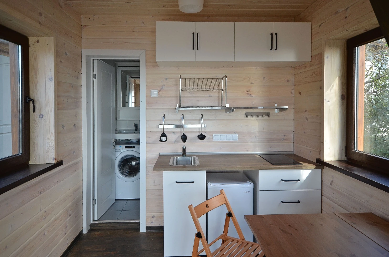 View of the S22's kitchen, with bathroom in the background
