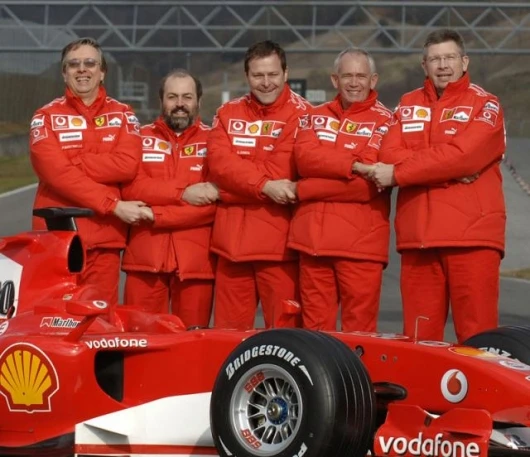 Paolo Martinelli, Gilles Simon, Aldo Costa, Rory Byrne and Ross Brawn