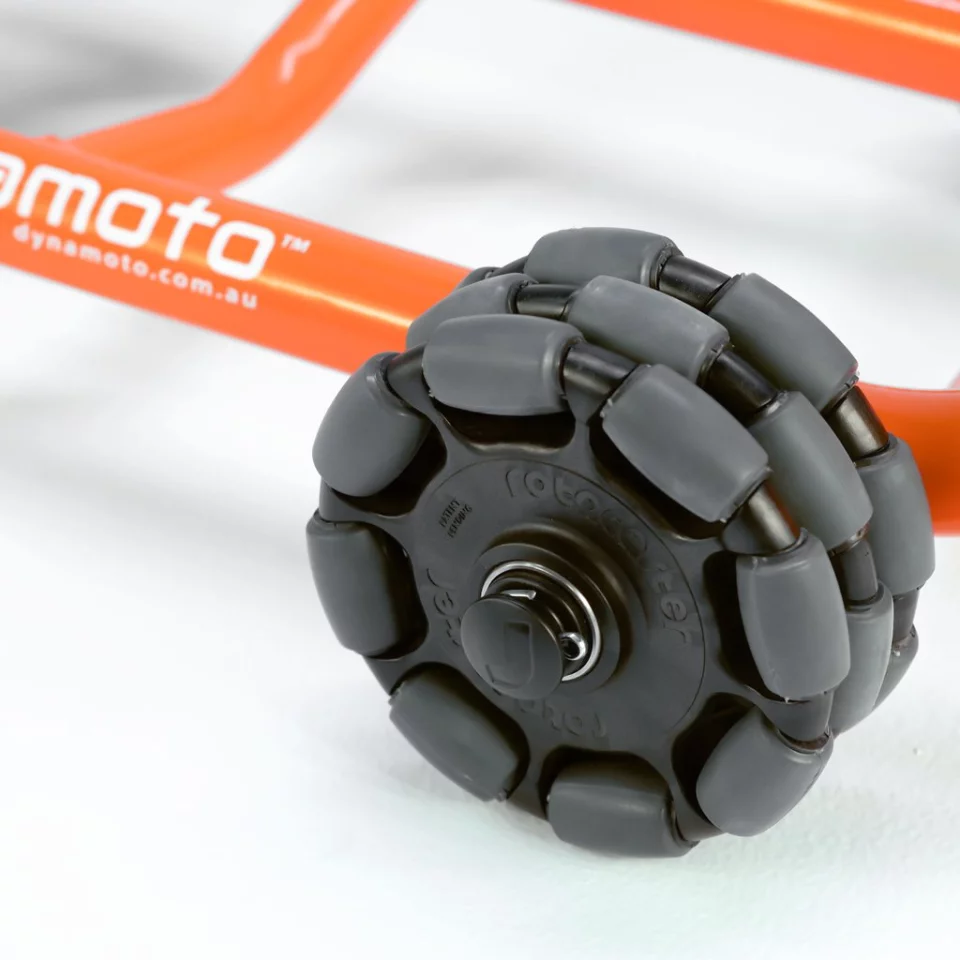 Rotocaster 125 mm omnidirectional wheels on the Dynamoto motorcycle stand