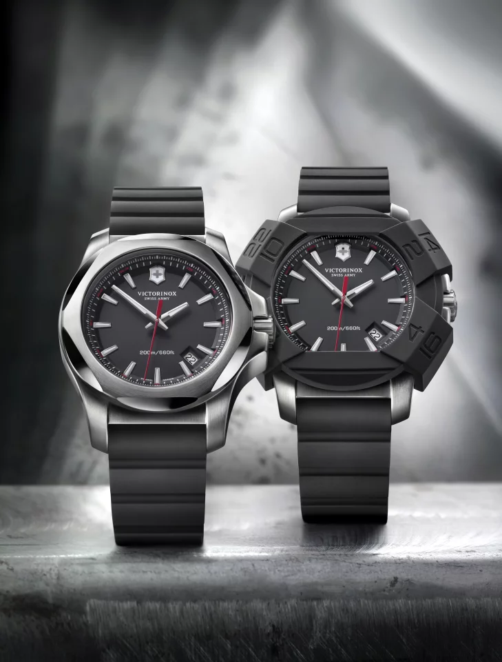The Inox watch, with and without its protective cover