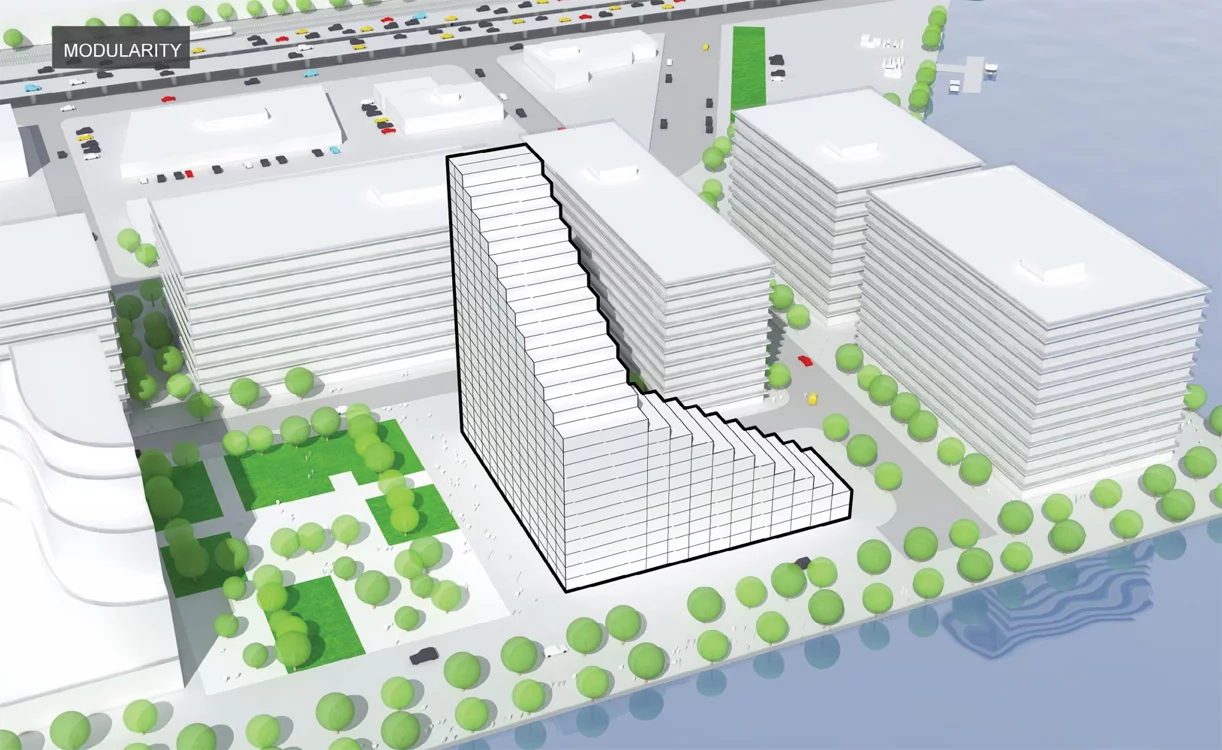 The concept's novel design derives from an attempt to ensure that the most people possible could enjoy the view toward the waterfront