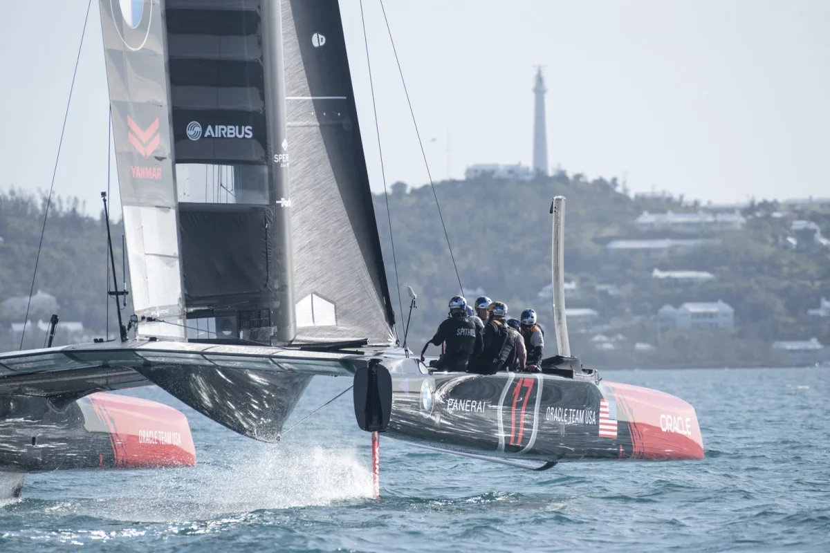 Oracle Team USA on their practice yacht in Bermuda