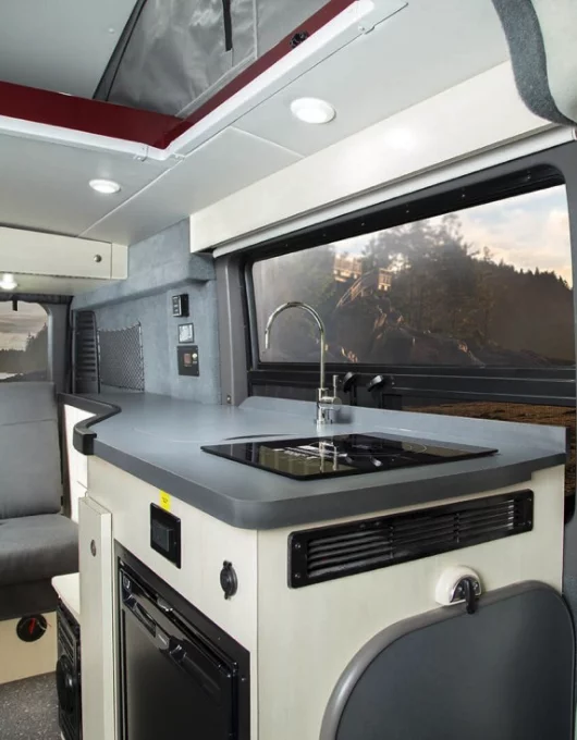 The kitchen includes an induction cooktop and stainless steel sink