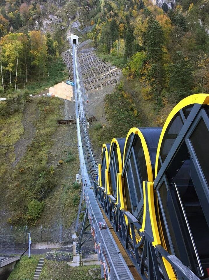 Each of the Stoosbahn's two carriages can carry 136 passengers and is made up of four circular pods
