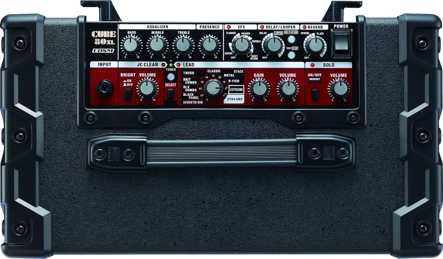 The top of the Cube 80XL, showing presence and bright controls, phrase looping and numerous Lead sounds