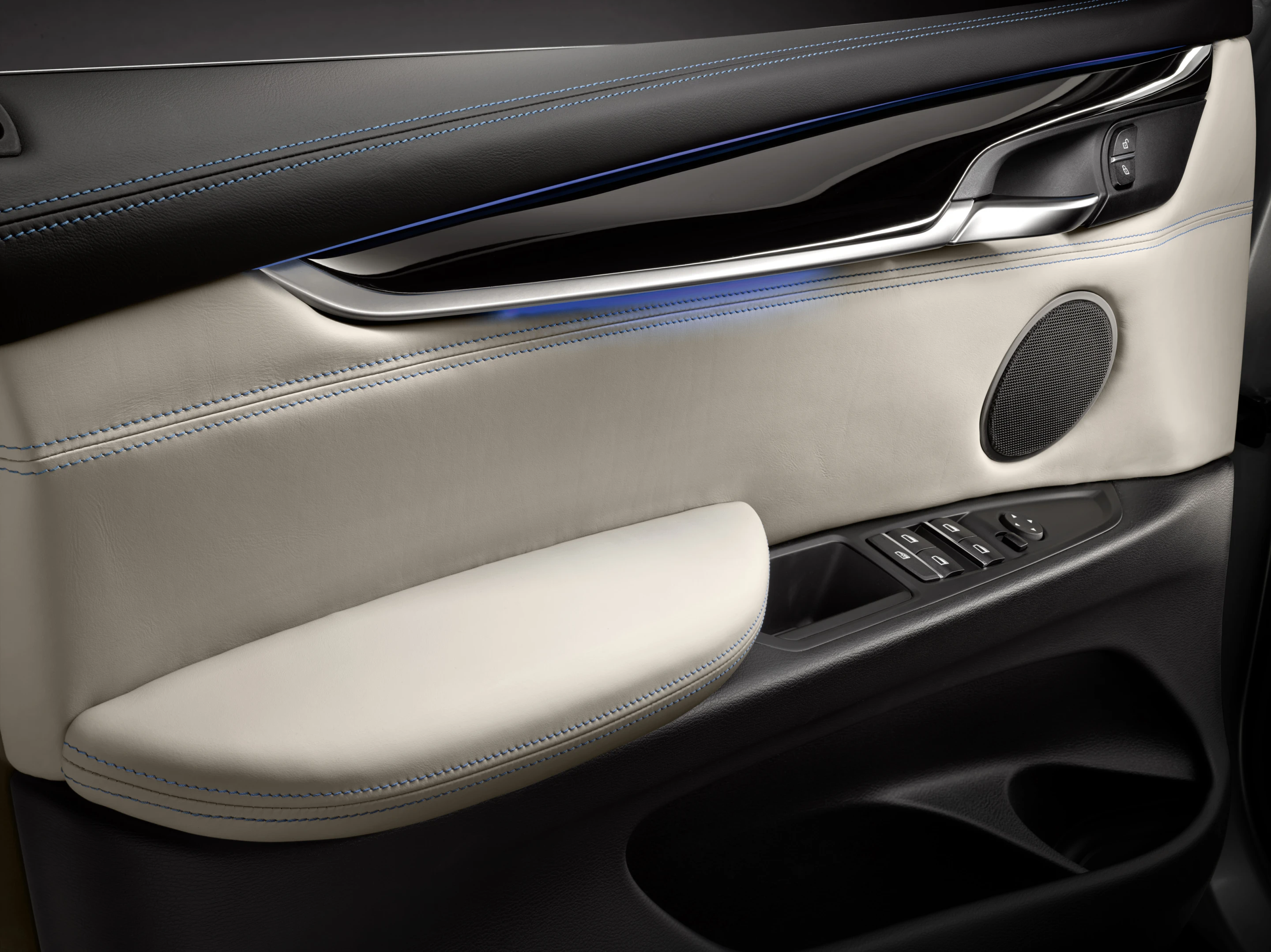 Blue lighting and illumination is used throughout the interior