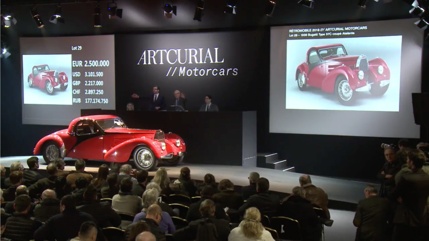 This 1938 Bugatti Type 57C Coupe Atalante was prepared specifically for the 1938 Geneva Motor Show, and sold with a fastidiously documented history for €2,903,200 ($3,557,153) at Artcurial's official Retromobile auction