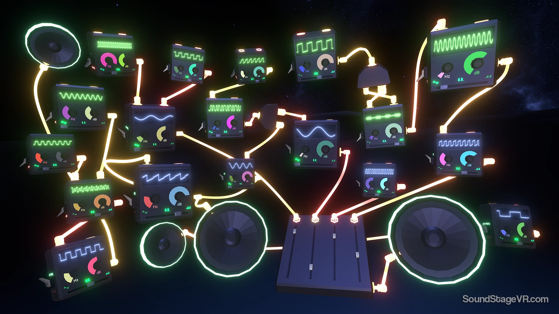 SoundStage lets you arrange the speakers, amps, instruments and synthesizers however you like, and connect them by drawing wires through the air with the Vive controllers