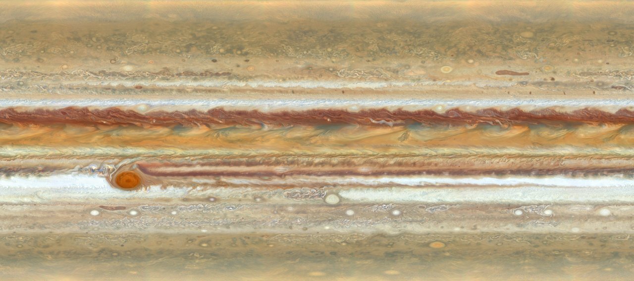 Several Hubble exposures were stitched together to create this flat map of Jupiter's surface (excluding polar regions)
