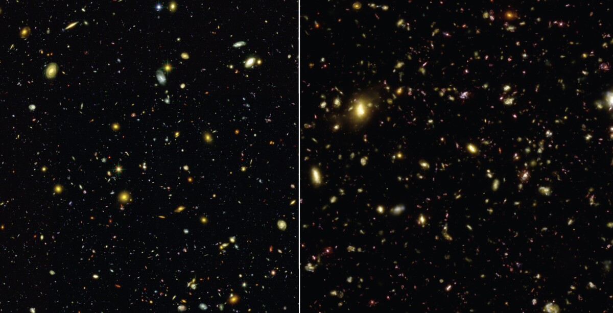 Visible-light images comparing a Hubble Space Telescope photograph of the sky (left) to a simulated view (right) generated by the Illustris simulation, which accurately reproduces the sizes, types, and colors of galaxies in the universe (Image: NASA / Illustris Collaboration)
