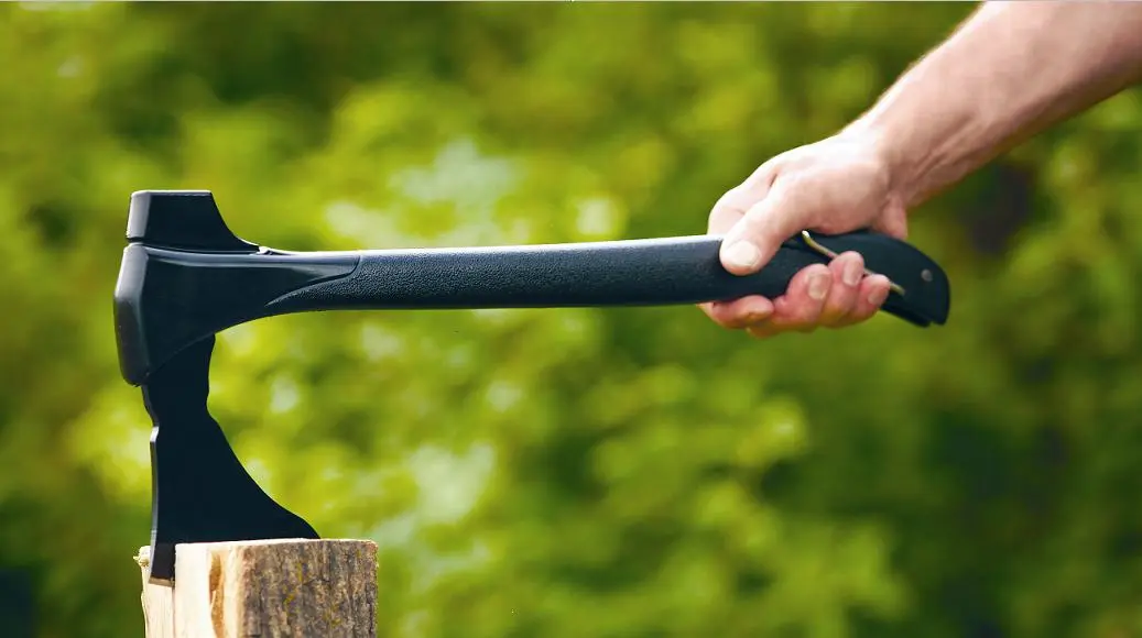 The hatchet has a five-inch (12.7-cm) blade