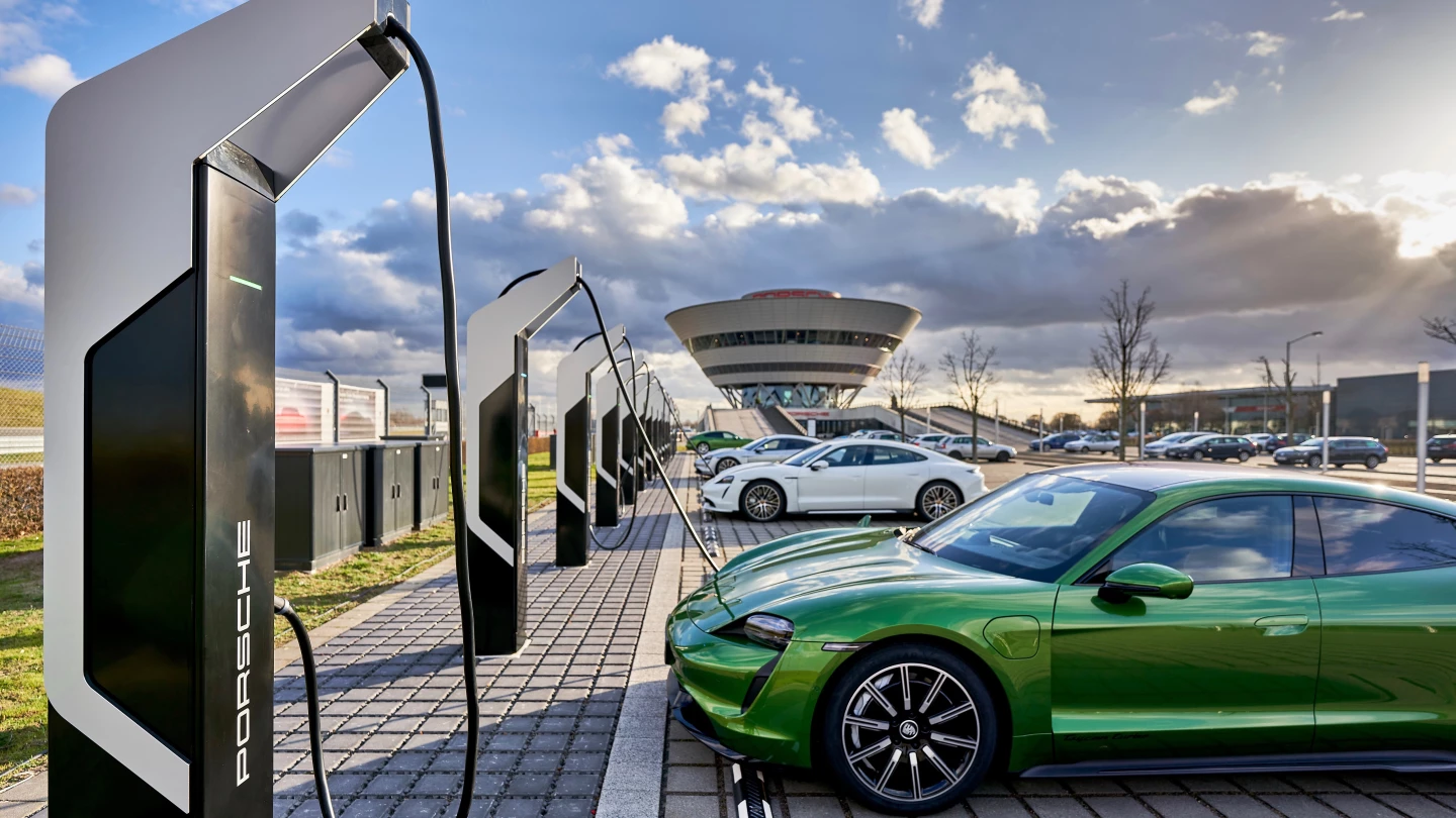 The Porsche Turbo Charging park between 9, 14 and 38 motorways in Leipzig has a dozen 350-kW DC charging points and four AC charging points operating at 22 kW