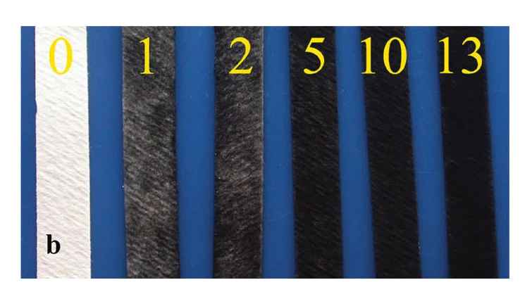 Paper strips used in toxin detection with progressively increasing number of coatings with carbon nanotubes. Photo: Nicholas Kotov.