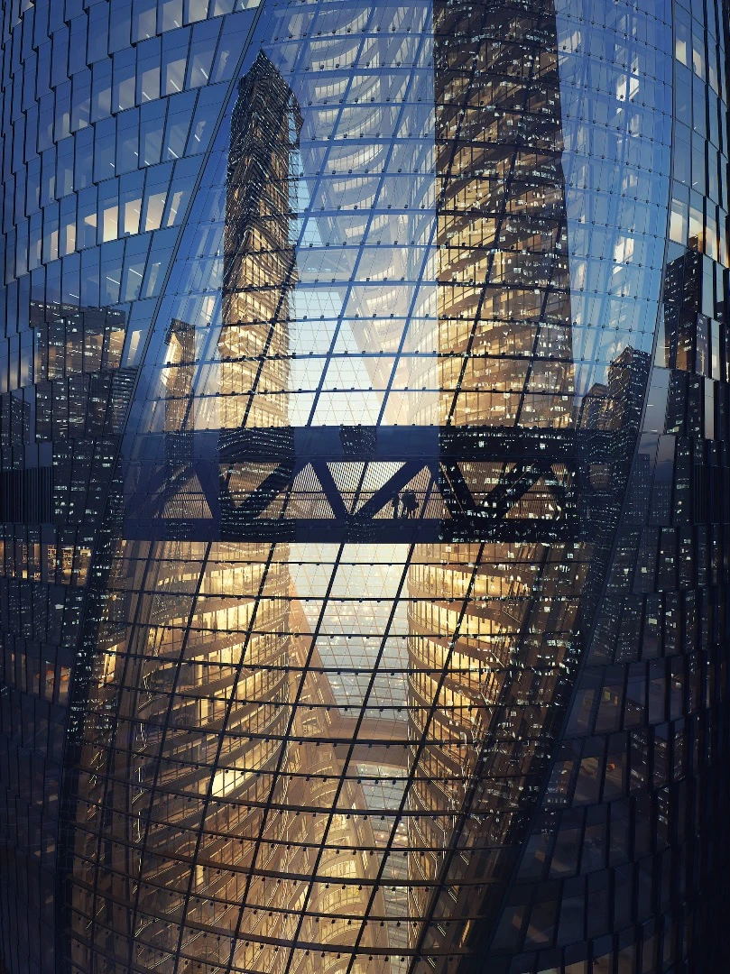 Multiple walkways offer connection between the two halves of the Leeza Soho tower