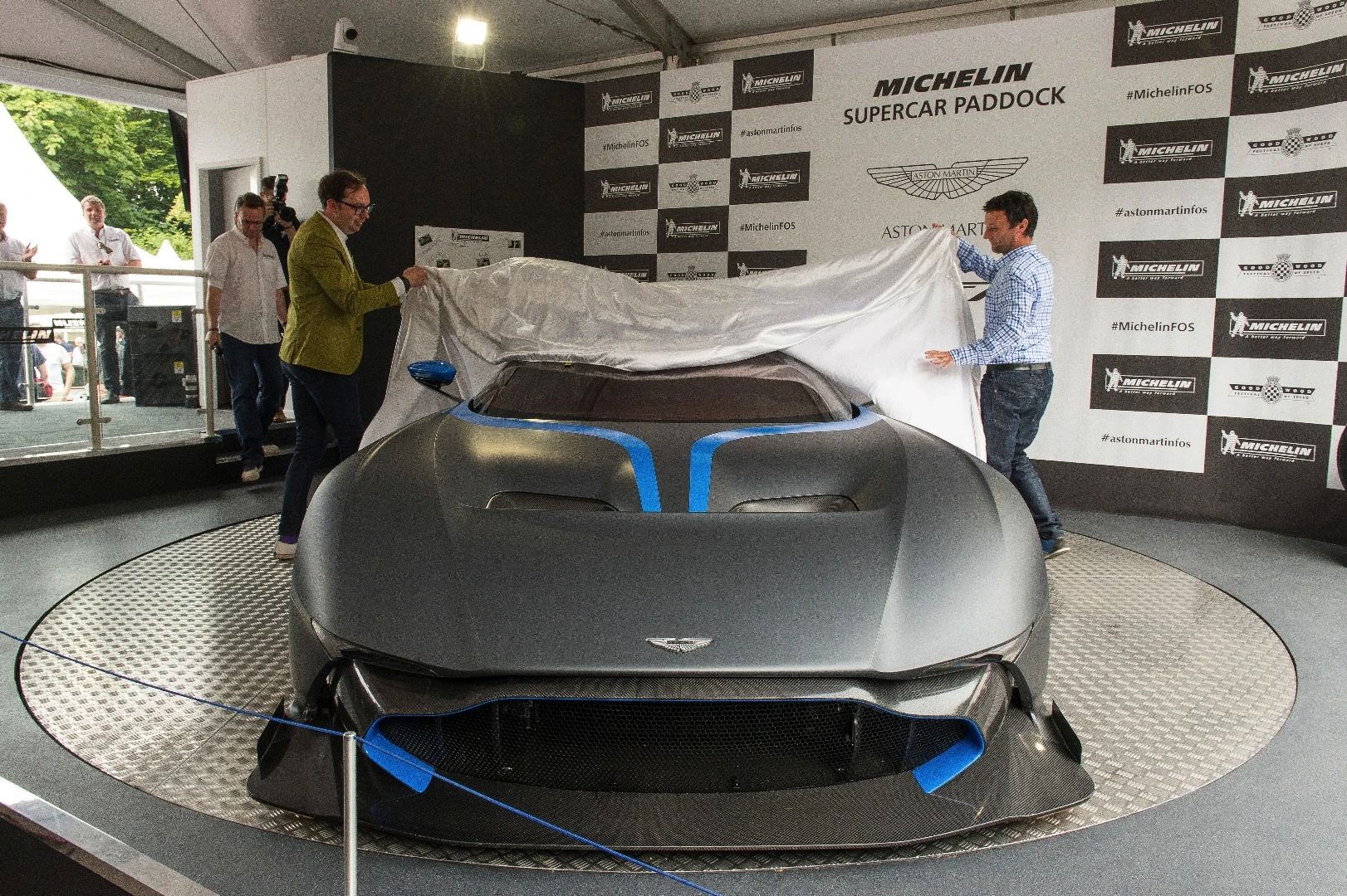 Aston Martin’s Vulcan was first seen in public at this year’s Geneva Motor Show, so the Festival of Speed represented the “dynamic” debut for the limited edition, track-only, carbon-fiber monocoque supercar. There aren’t too many numbers associated with this car that aren’t eye-watering. The 7.0-liter V12 produces more than 800 hp, it can run to 60 mph under the magic three second mark, tops 200 mph and because there will only be 24 made and sold, the exclusivity comes at a price because the development costs can be spread over fewer cars. That price is expected to be in the vicinity of £1.5 million ($2.3 million). This pic was taken at the Goodwood press conference for the new Aston Martin Vulcan.