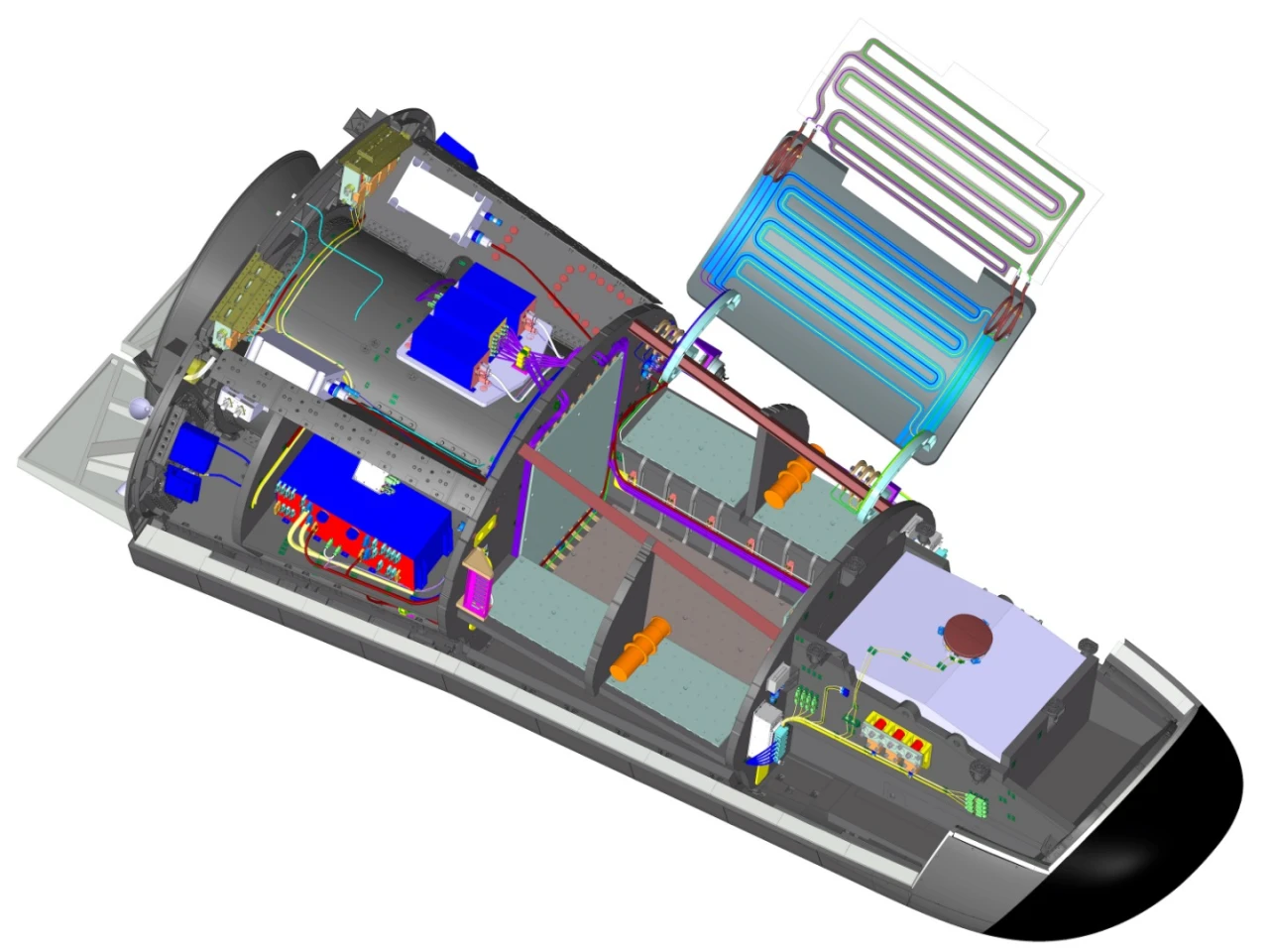 Space Rider's cargo bay can carry up equipment up to a maximum weight of 800 kg (1,763.7 lb) or volume of 1,200 liters (317 gal)