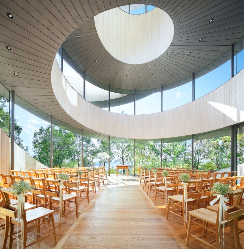 The spiraling staircases provide a striking architectural feature from inside the chapel