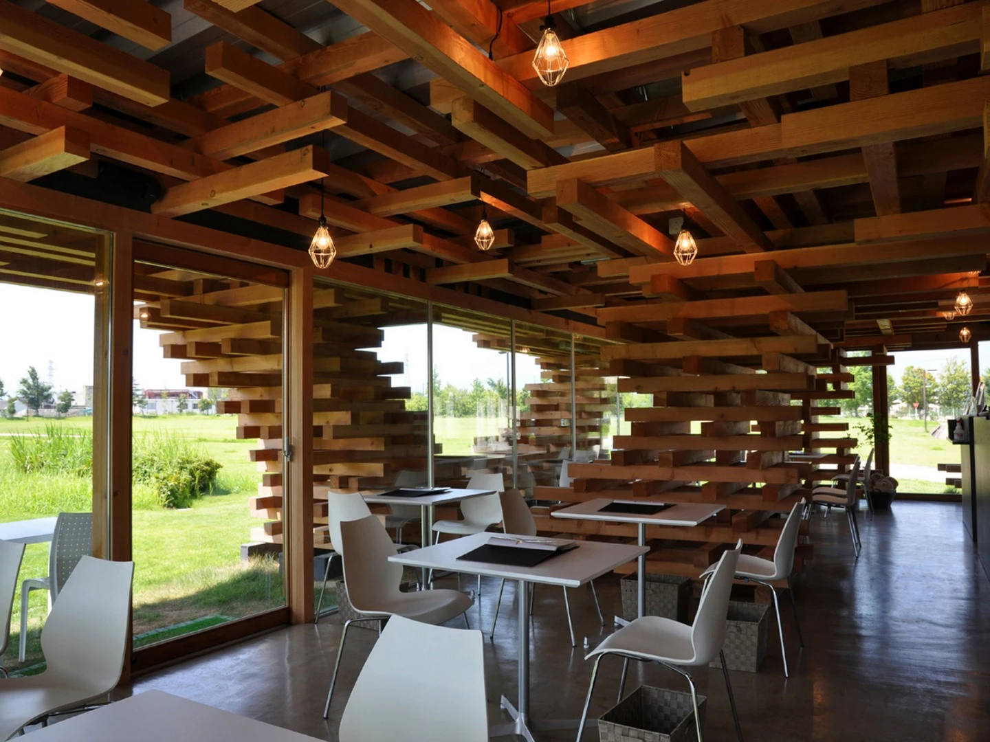 Inside Café Kureon in Toyama-shi, Toyama, Japan, which is made to resemble a forest. By Kengo Kuma & Associates