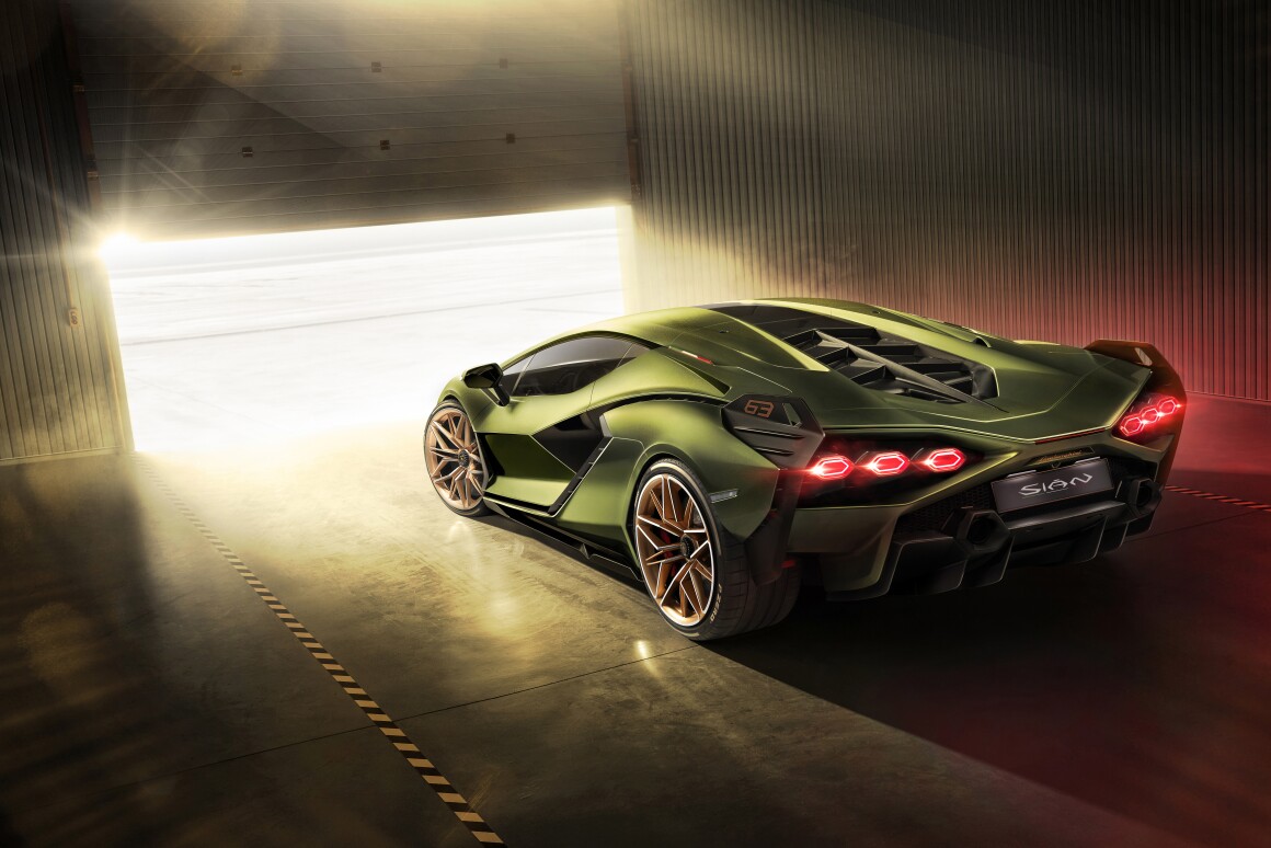 Sensual curves meet jagged angles in the remarkable Sian, Lamborghini's first hybrid and the first car in production history to use a supercapacitor hybrid system