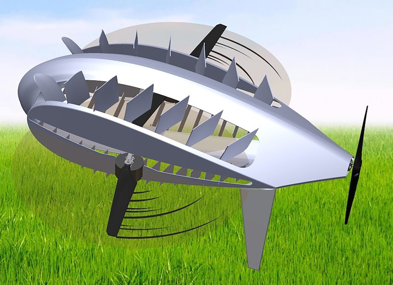 In VTOL/hover mode, the bodywork opens up to allow vertical airflow for maximum lift
