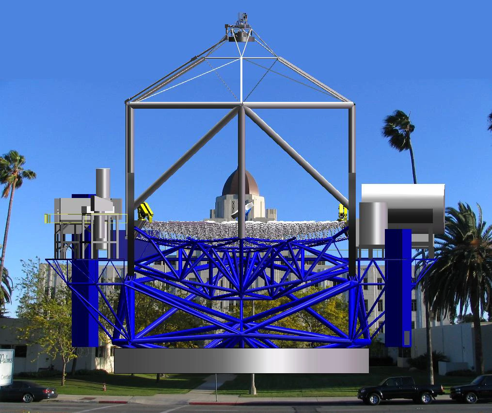 Thirty Meter Telescope depicted in front of the TMT Project Office to provide a sense of scale (Image: Courtesy TMT Observatory Corporation)