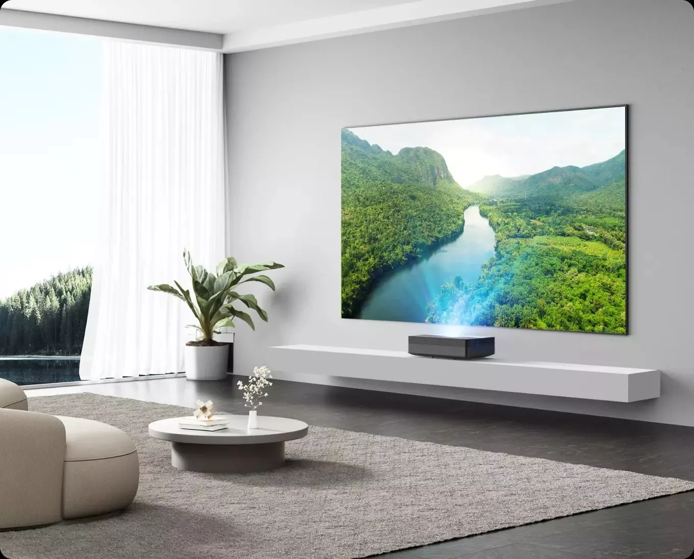 The Thor T50 Laser TV can throw 80-inch corner-to-corner visuals from 4 inches away from the display surface, or 150 inches from 25.9 inches away