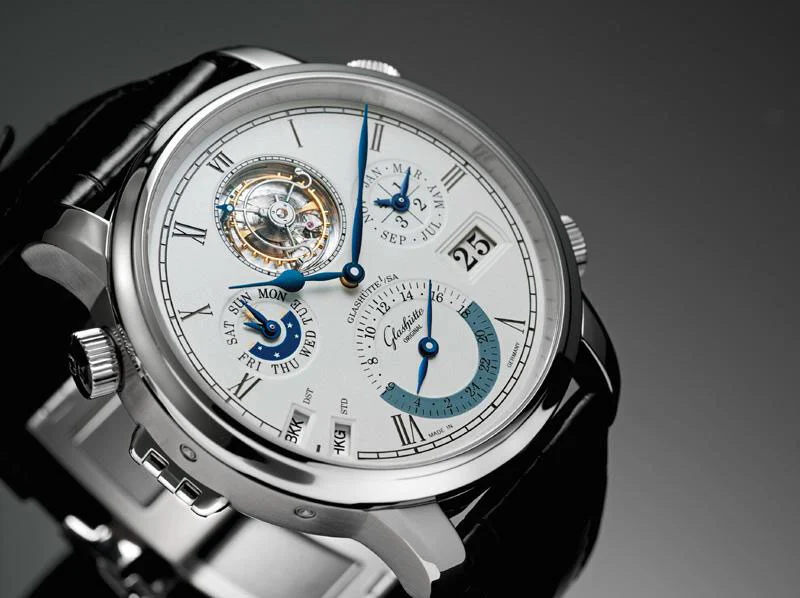Glashutte Original Grande Cosmopolitan Tourbillon - 48 mm diameter in platinum. Unique time complications for a mechanical watch
