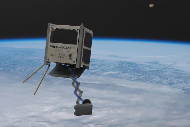 A render of the Woodsat in orbit, with selfie stick extended