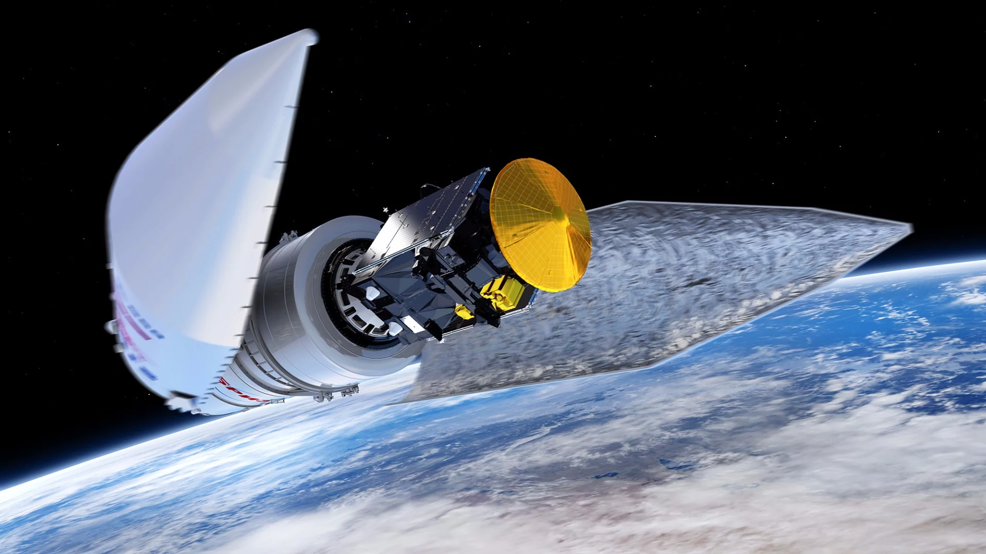 Artist's impression visualising the separation of the payload fairing during the ExoMars 2016 launch sequence