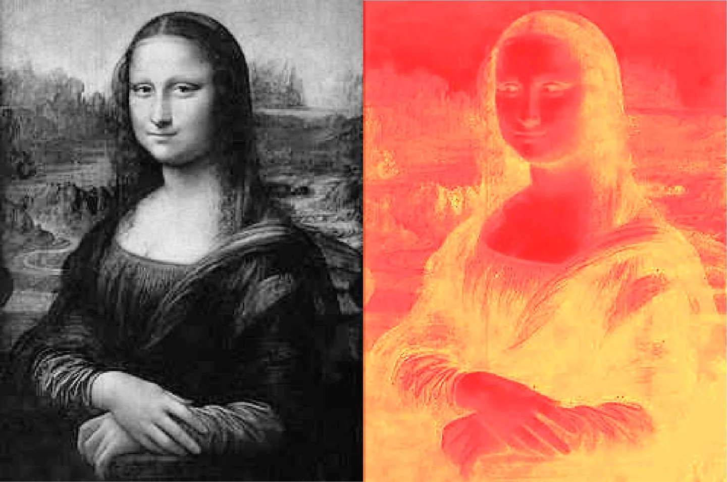 On the left appears a grey scale image of the real Mona Lisa, while on the right appears an image showing the variations in heat required to create Mini Lisa