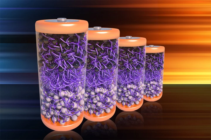 A depiction of batteries made with MIT researchers’ new electrolyte material, made from a class of molecules whose chemical structures and stability mimic Kevlar