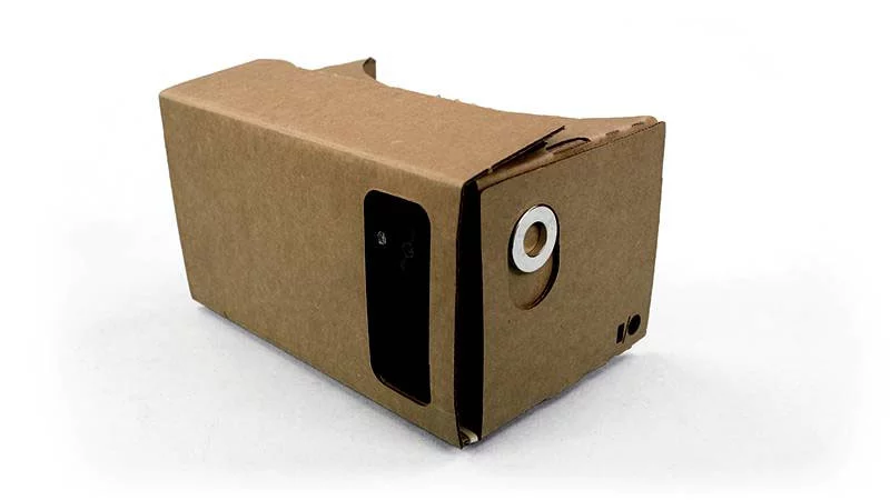 An Android phone, running Android 4.2 or higher, slides into the front of the cardboard headset