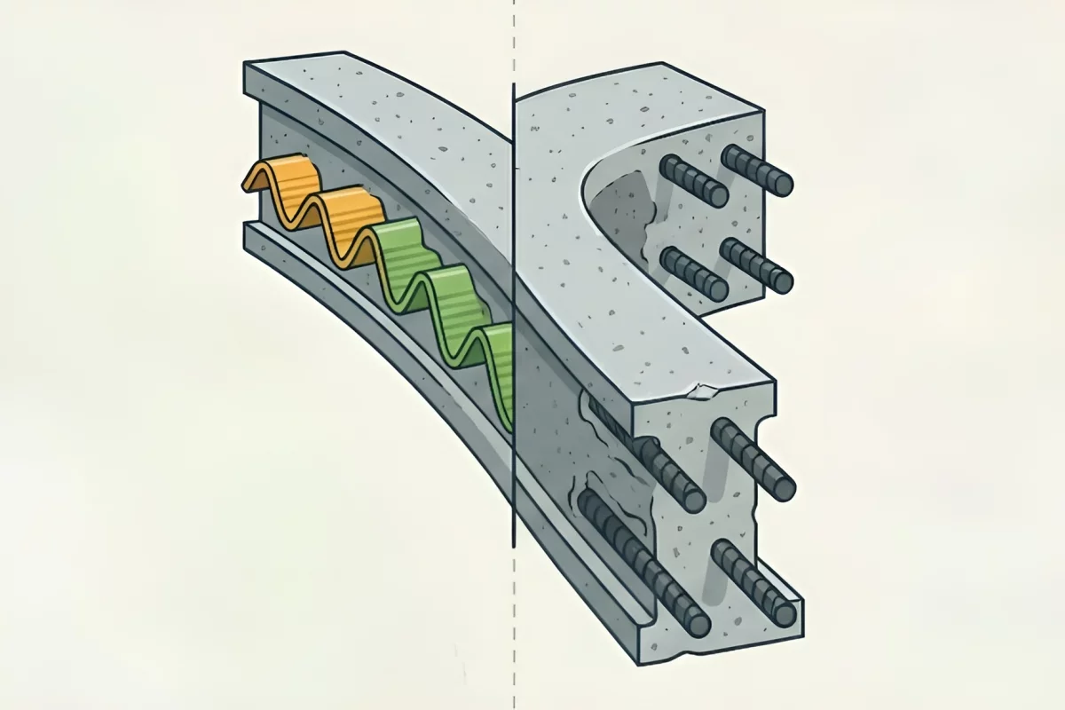 A section of concrete reinforced with traditional rebar (right) and the experimental new wavy PLA (left)
