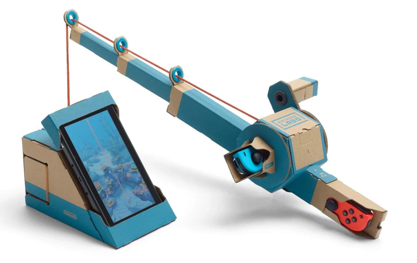 The Nintendo Labo Toy-Con Fishing Rod uses a working reel and line, to catch fish on the screen