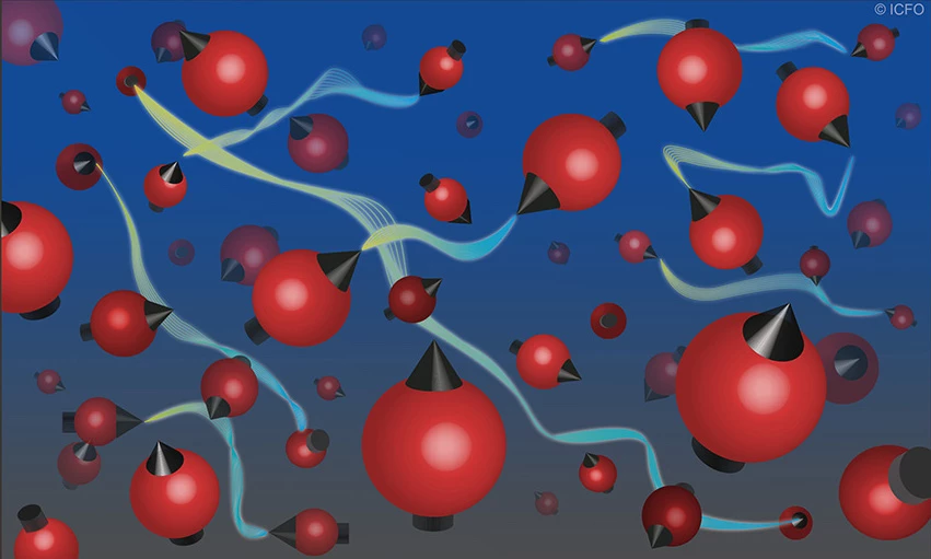 An artist's impression of a cloud of hot atoms with quantum entanglement links (yellow/blue lines) connecting them
